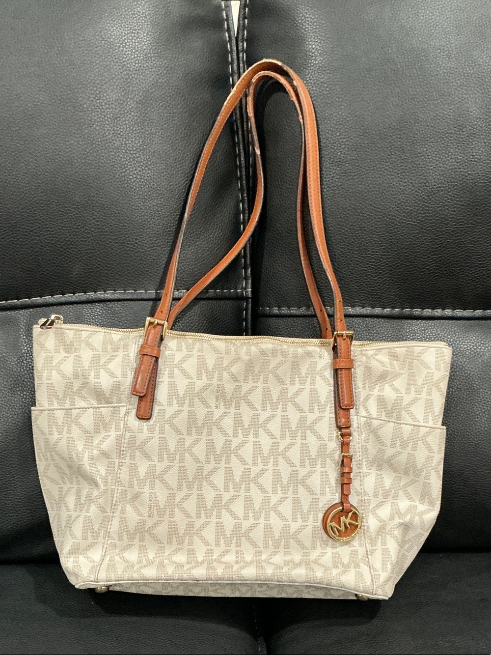 Michael Kors Cream MK Logo Tote with Brown Leather Straps
